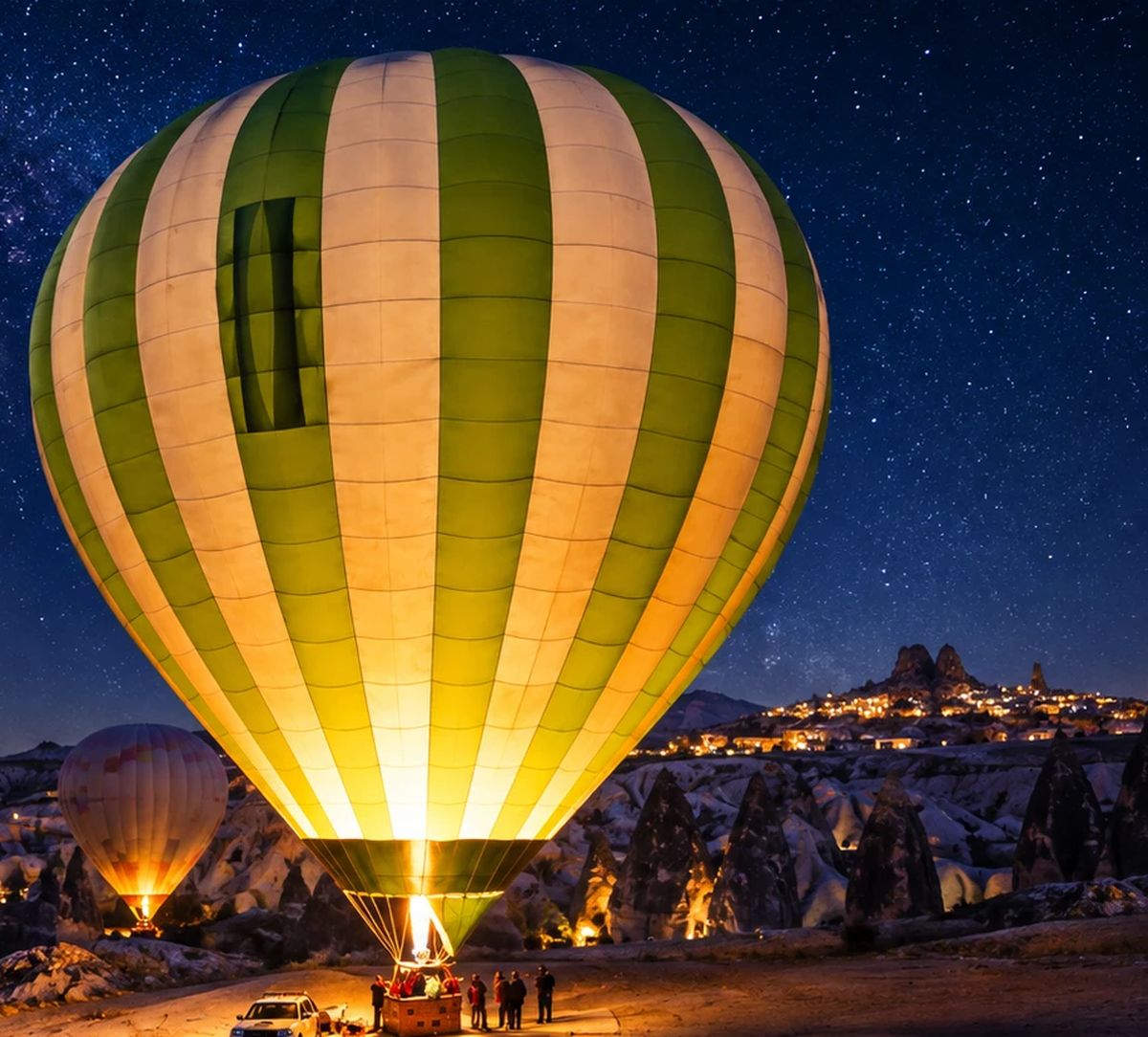 Balão iluminado sob o céu estrelado da Capadócia