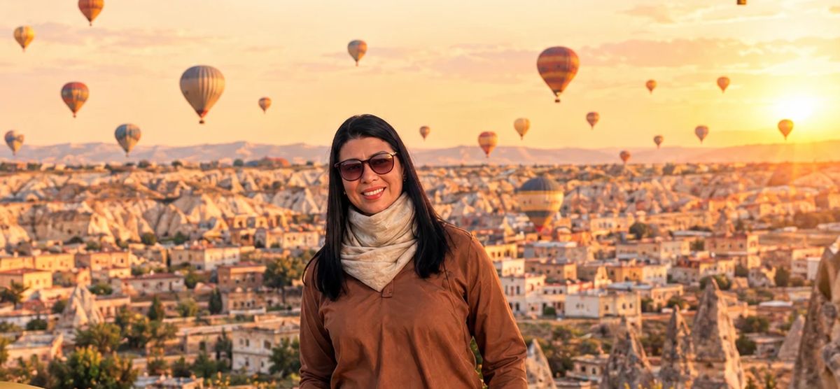 Viajante em um terraço de hotel em Göreme, com os balões da Capadócia ao nascer do sol