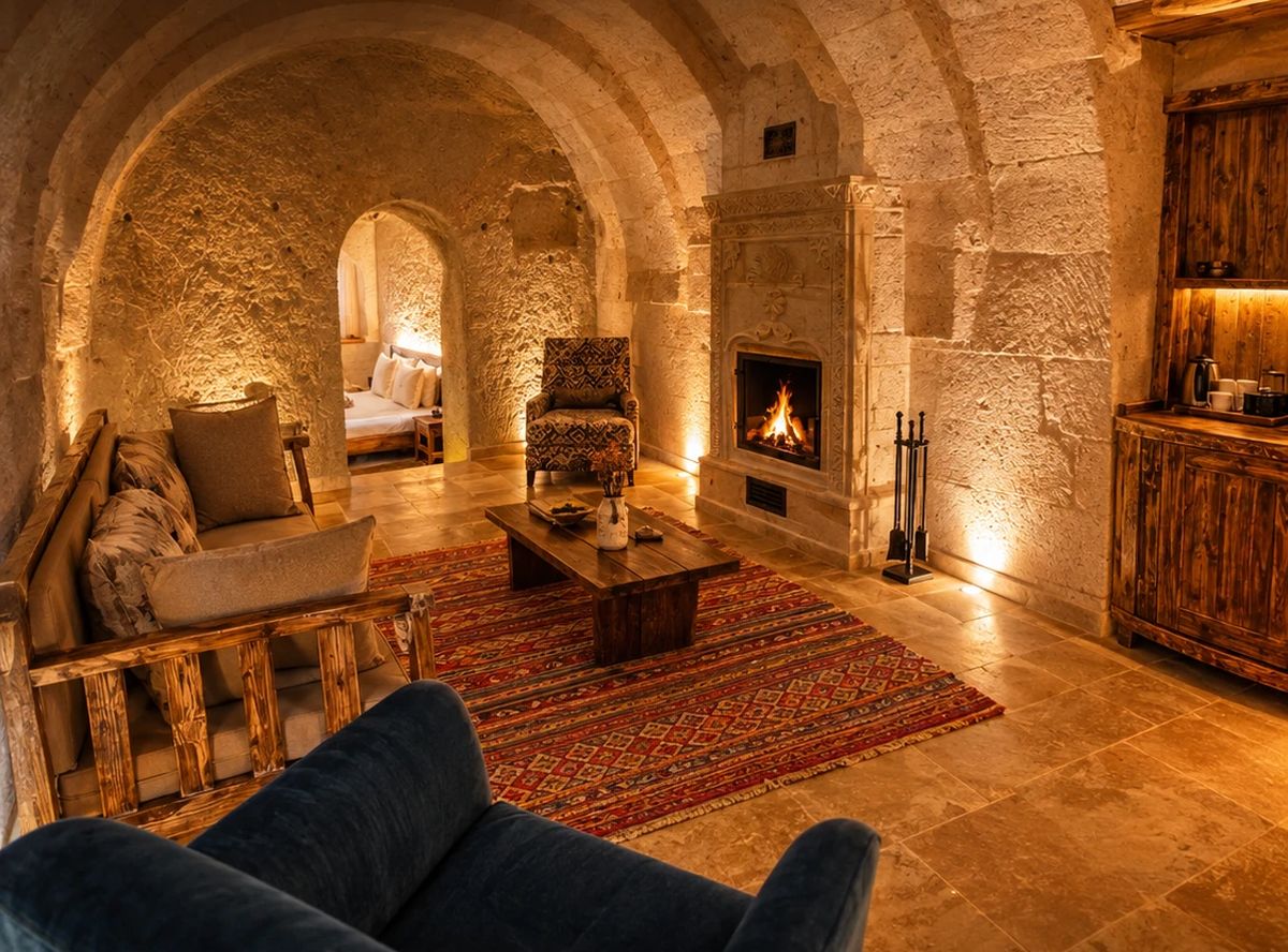 Suíte de hotel-caverna na Capadócia, com teto abobadado de pedra, lareira e tapete turco