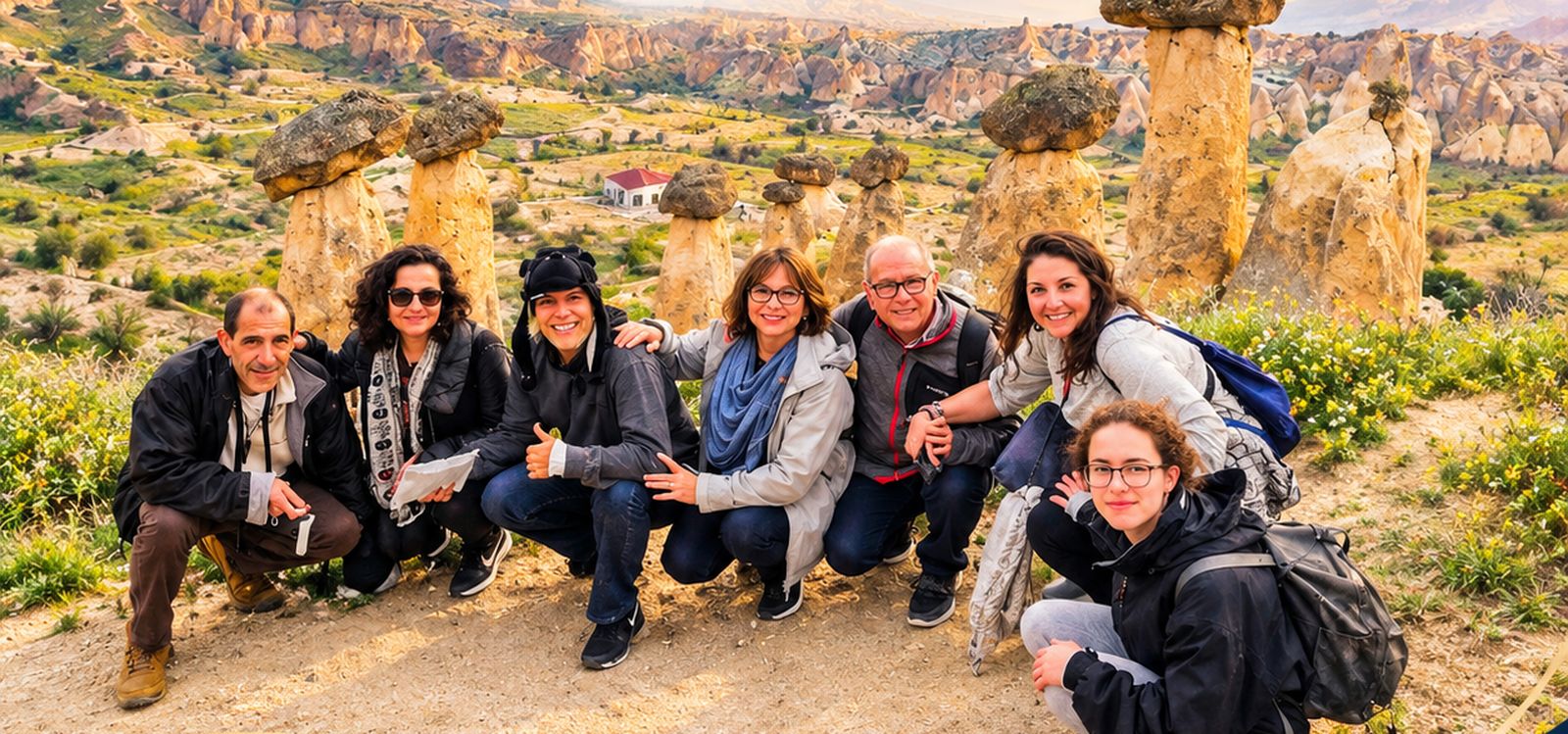 Grupo de brasileiros no Tour Verde na Capadócia, com as chaminés de fadas ao fundo